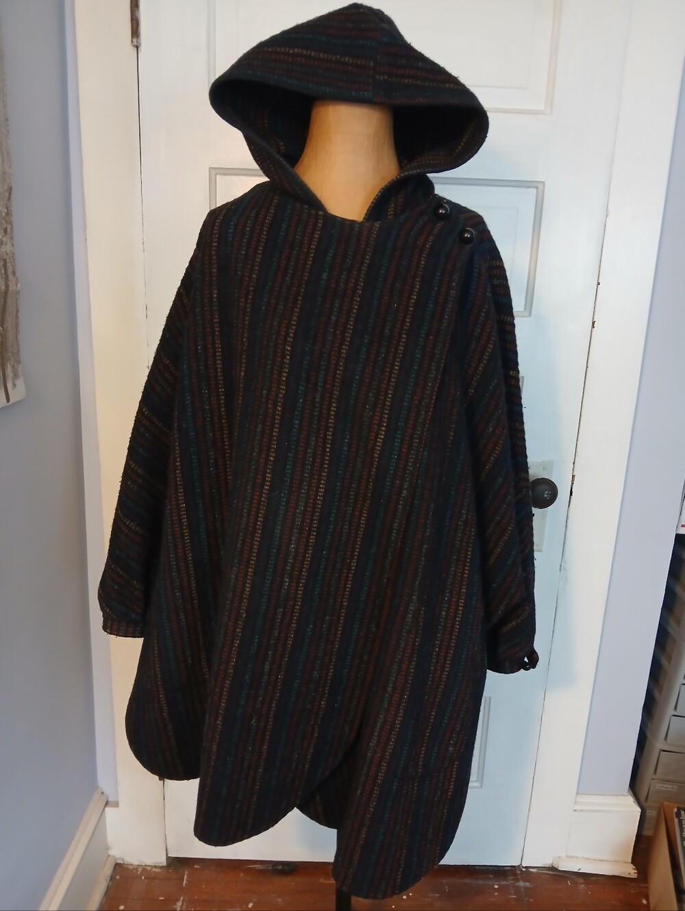 Vinatge 70'sStriped Hooded Wool Blend Poncho Coat in Dark Teal and Brown